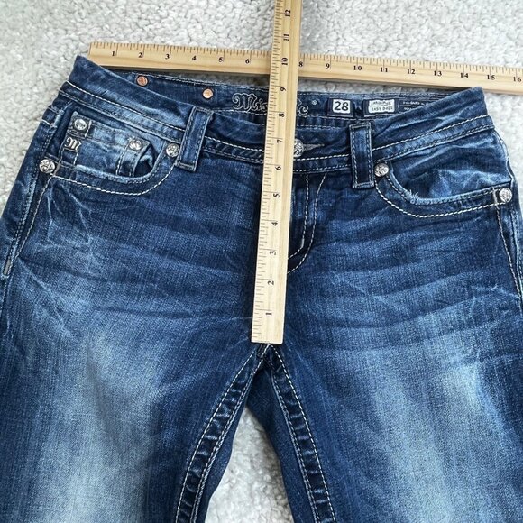 Miss Me Mid Rise Easy Boot Jean Embroidered Studded Flap Pockets Womens 28x30 - Picture 9 of 10